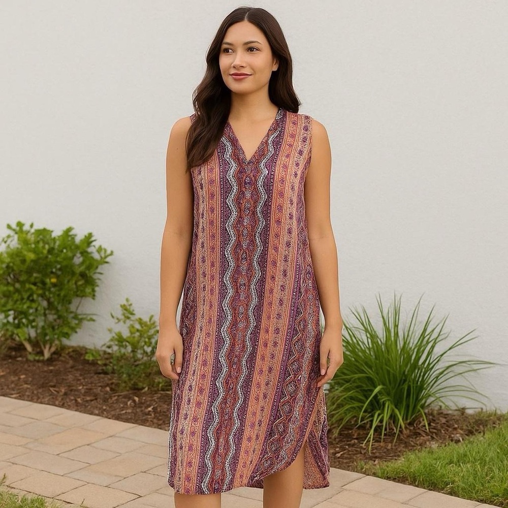 Boho Tribal Stripe Sleeveless Midi Dress – One Size